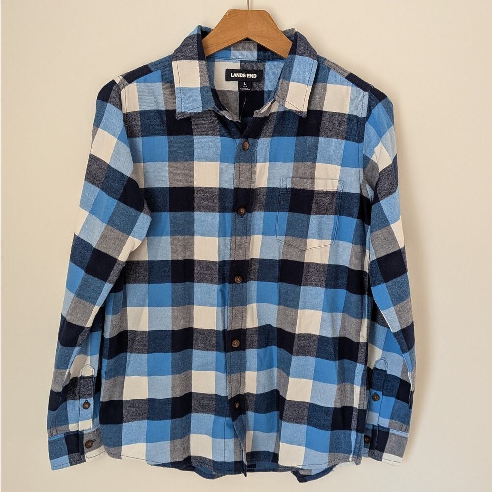 NWT Lands End Blue & White Plaid Flannel Youth (L) Fall Cabin Outdoor Preppy